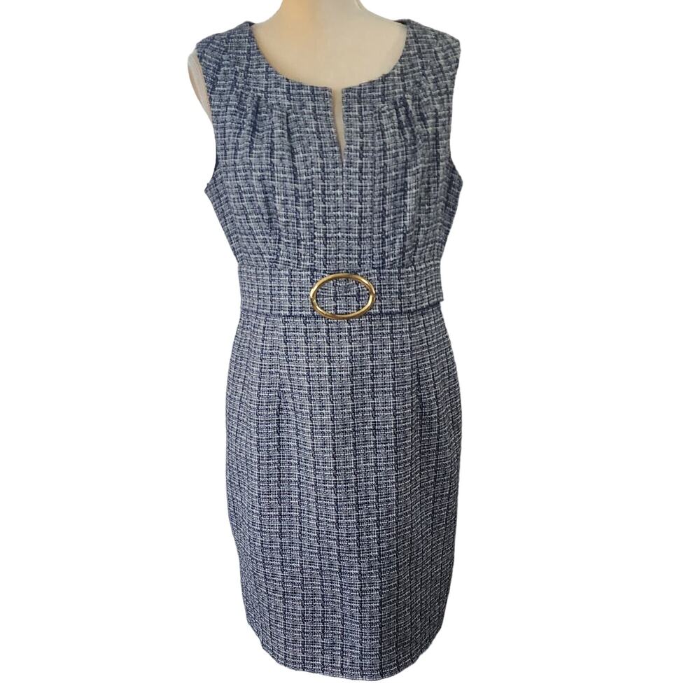 Donna Ricco Retro Career Shift Sleeveless Tweed Dress Gold Faux Buckle Size 12